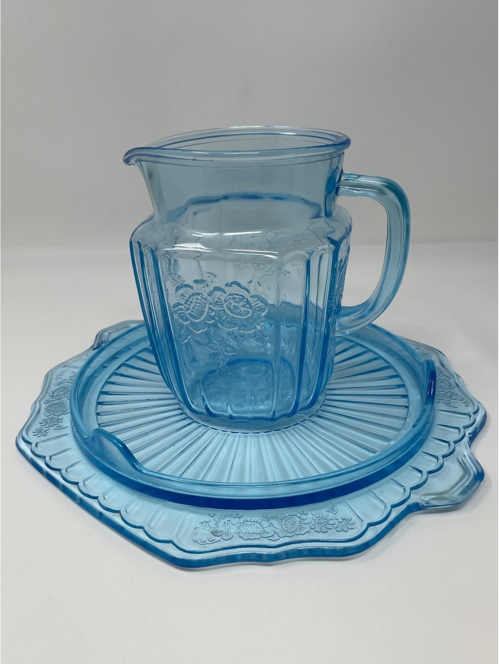Vintage Hocking Glass Mayfair Open Rose Blue Depression Pitcher & Underplate Set